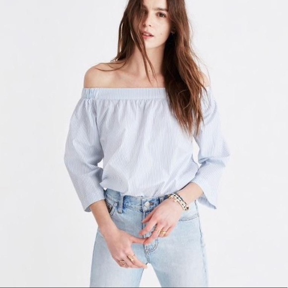 Madewell Tops - Madewell Clean Off-the-Shoulder Blue Striped Shirt